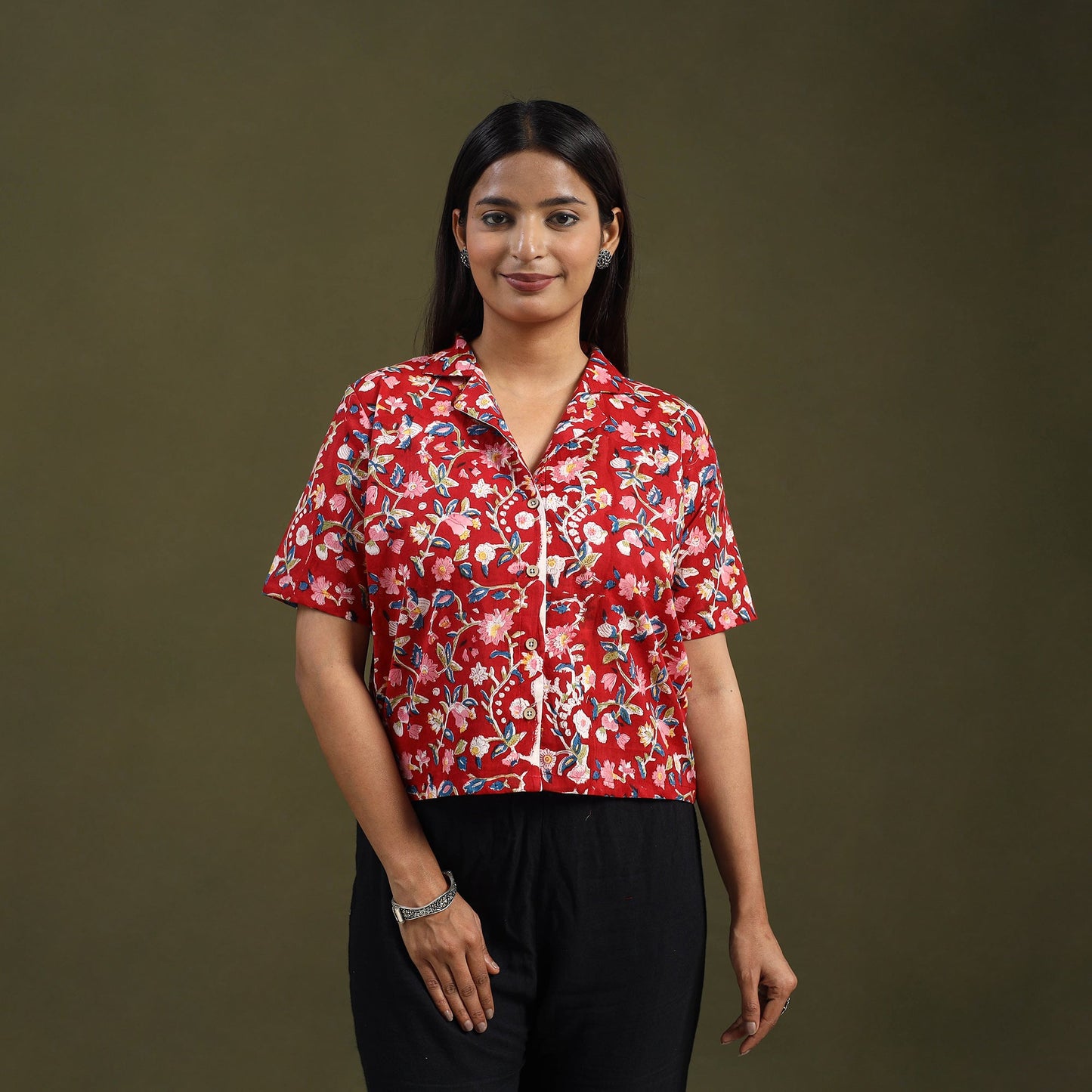  Red Sanganeri Block Print Cotton Crop Top