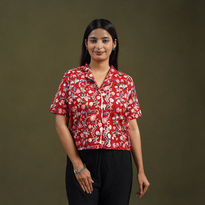  Red Sanganeri Block Print Cotton Crop Top