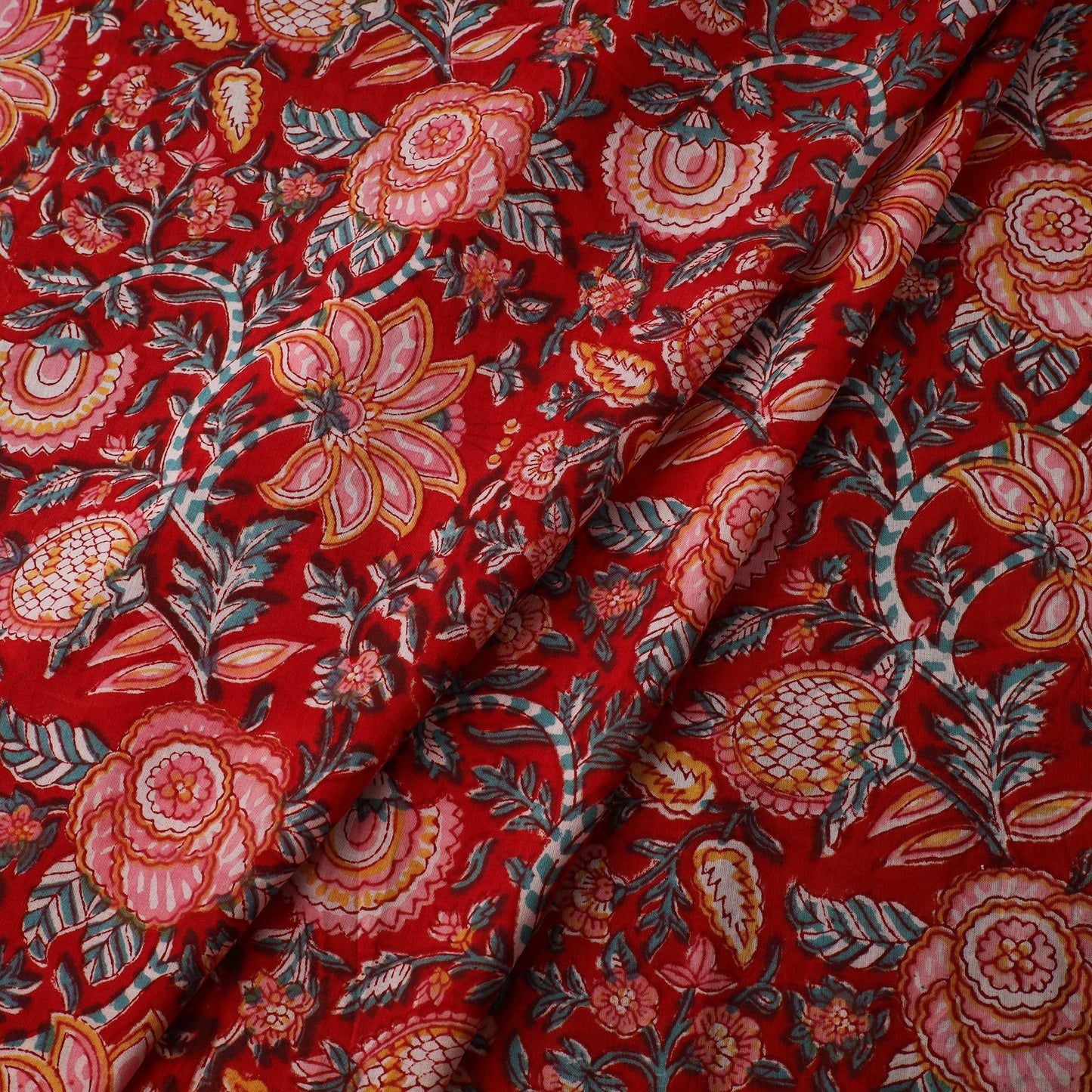 Red Sanganeri Block Print Cotton Fabric