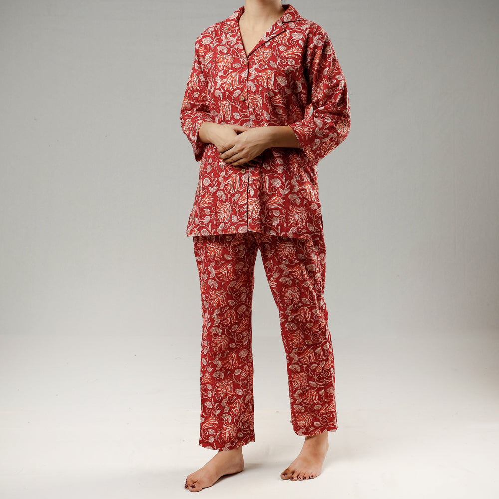 Red - sanganeri cotton night suit - handcrafted