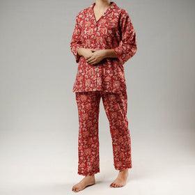 Red - sanganeri cotton night suit - handcrafted