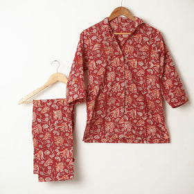 Red - sanganeri cotton night suit - handcrafted