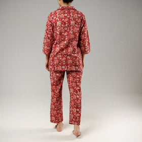 Red - sanganeri cotton night suit - handcrafted