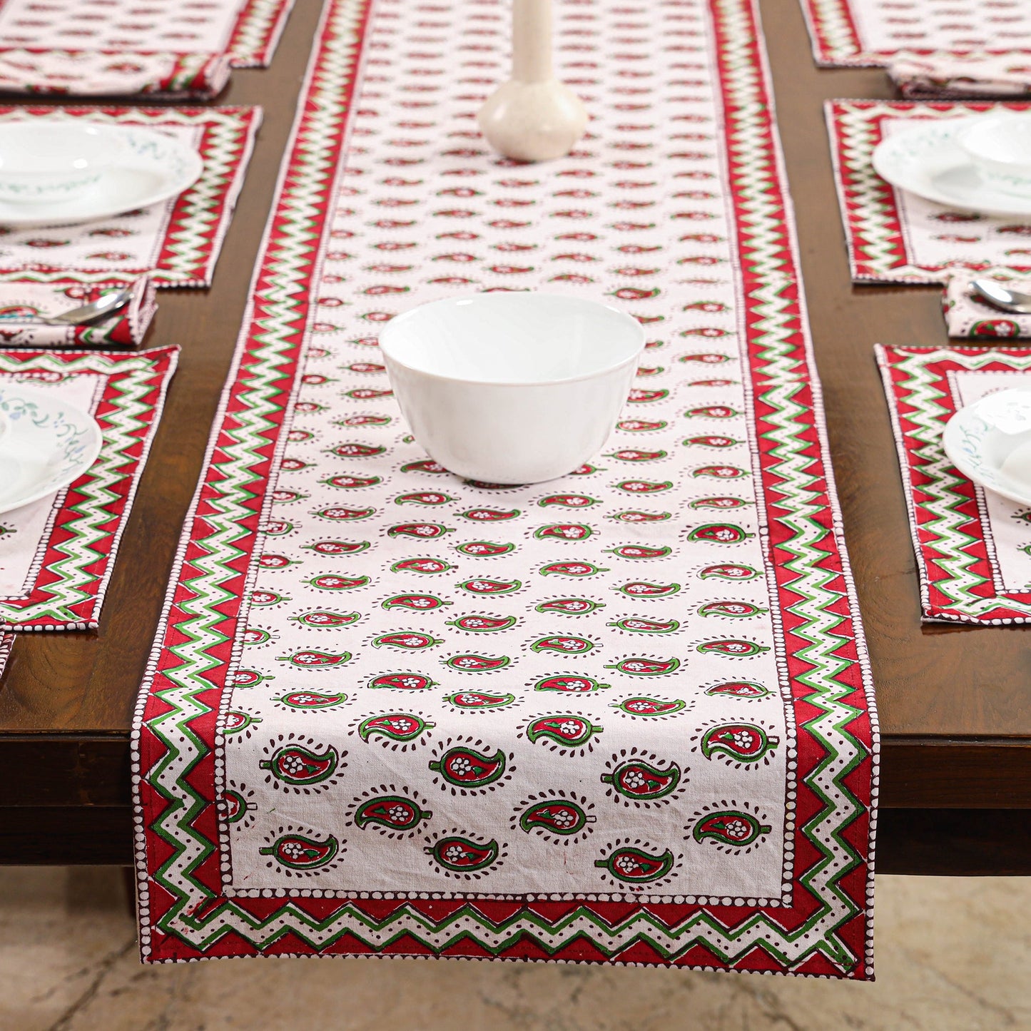White Sanganeri Print Cotton Table Runner with Mats & Napkins