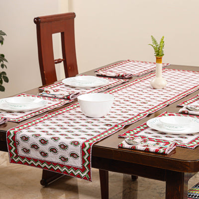 White Sanganeri Print Cotton Table Runner with Mats & Napkins
