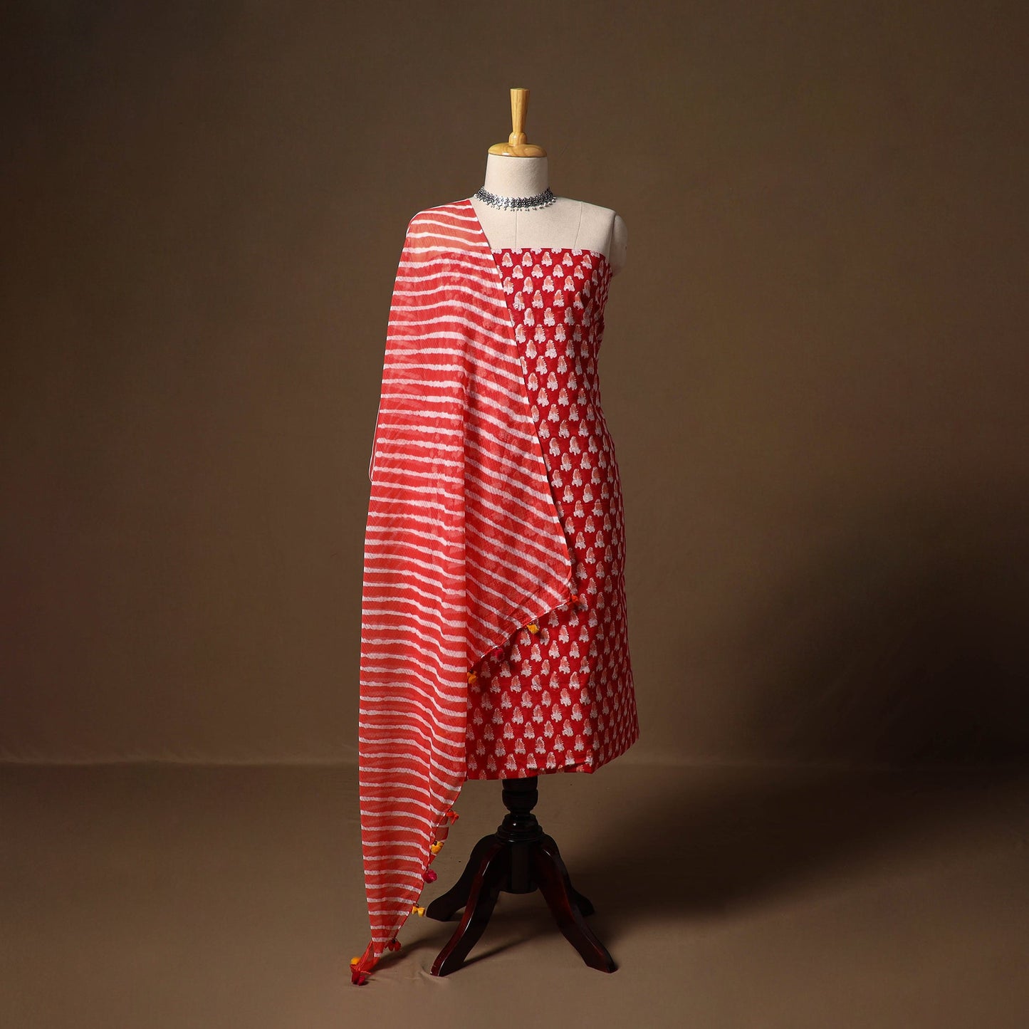 Red - sanganeri hand block print cotton 2pc unstitched
