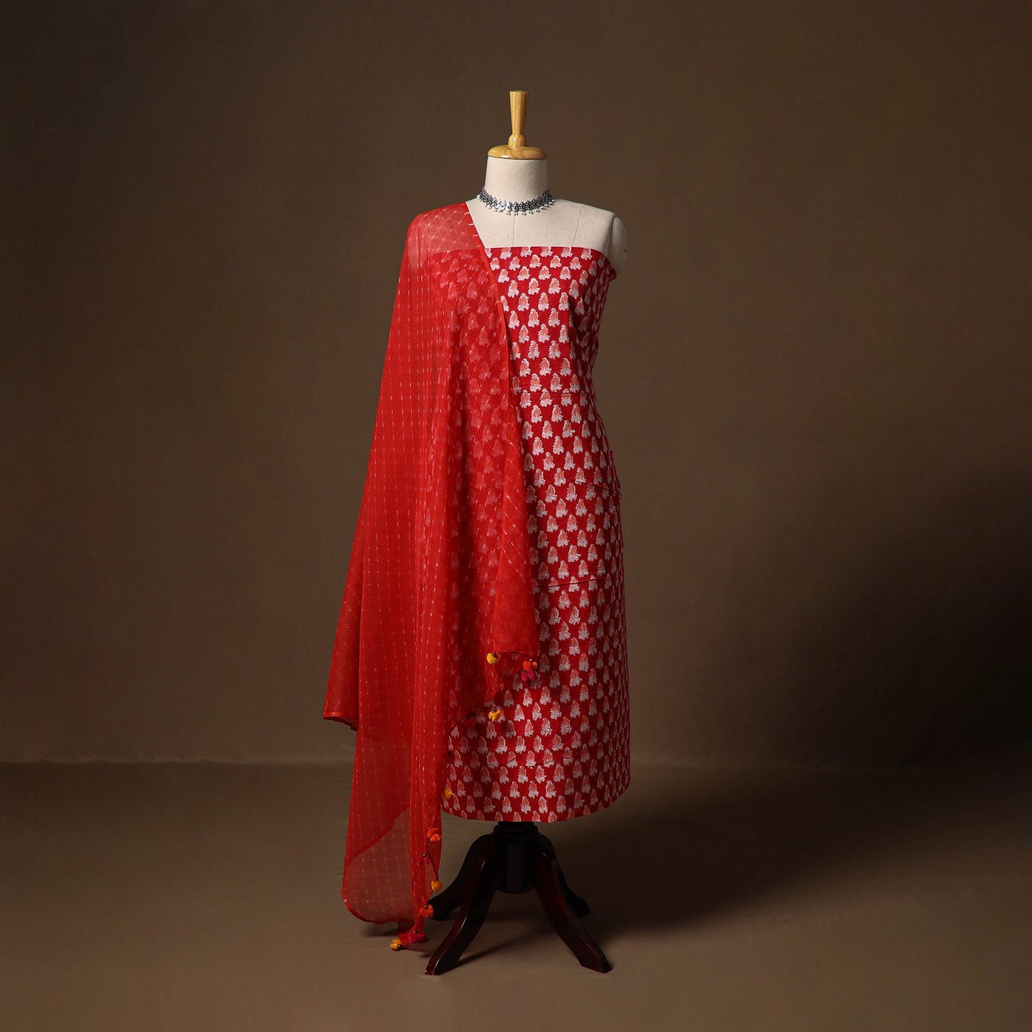 Red - sanganeri hand block print cotton 2pc unstitched