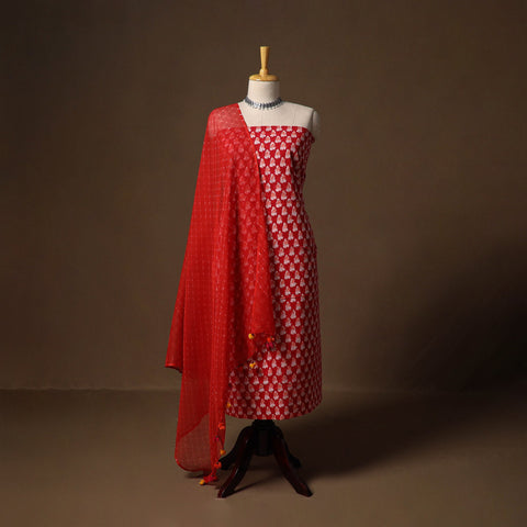 Red - sanganeri hand block print cotton 2pc unstitched