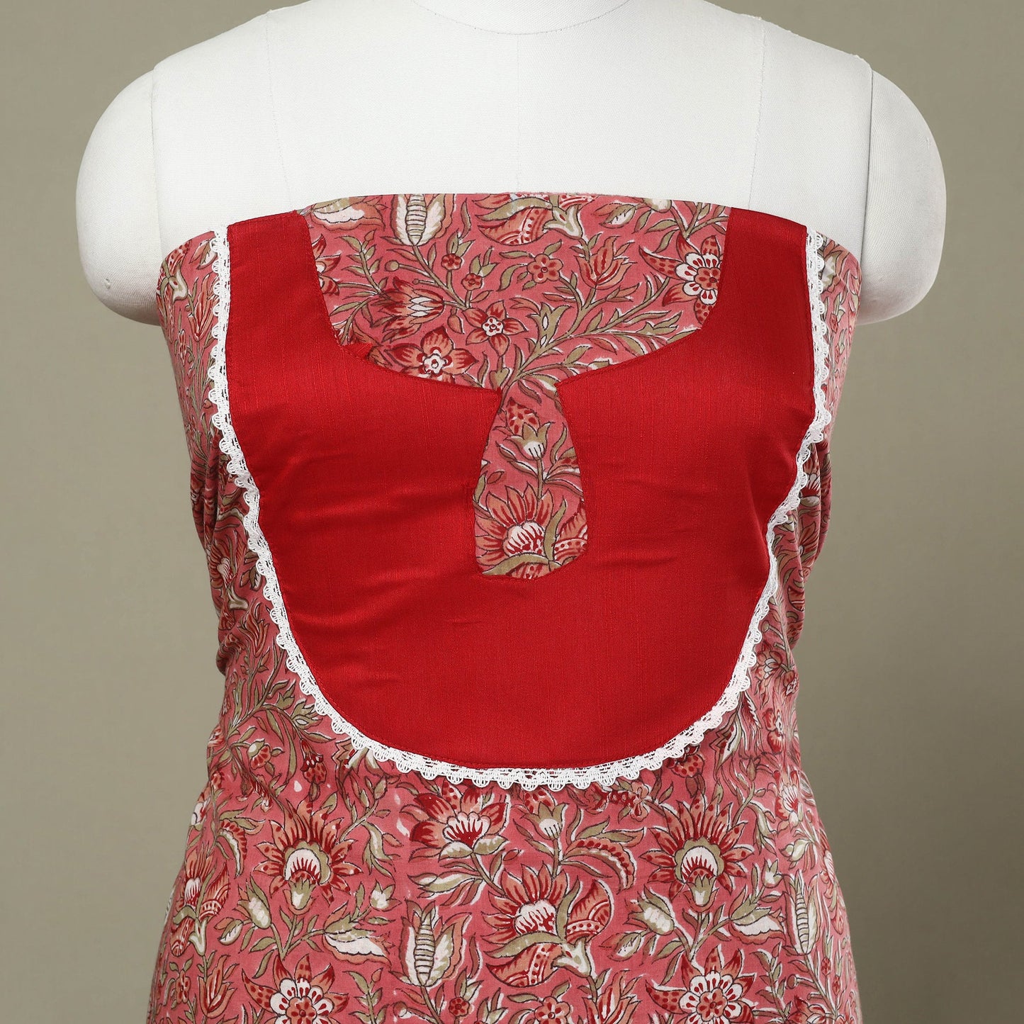 Red - sanganeri patchwork cotton unstitched kurta material