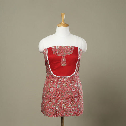 Red - sanganeri patchwork cotton unstitched kurta material