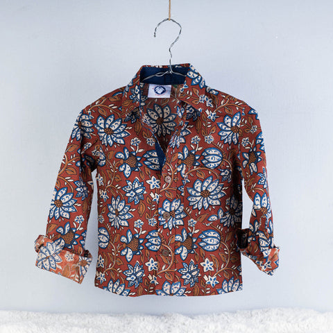 Red Sanganeri Block Printed Cotton Full-Sleeve Kids Shirt