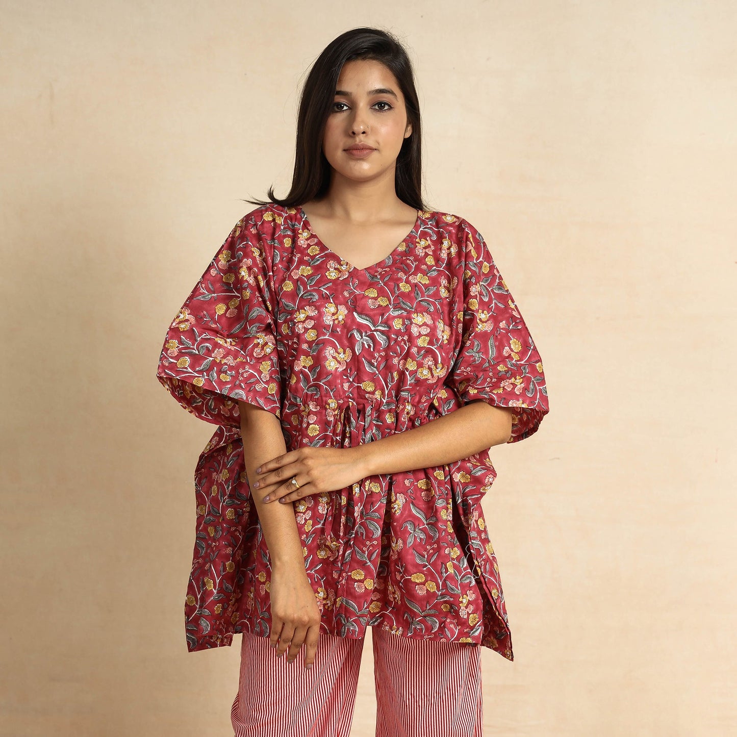Buy Sanganeri Block Printed Cotton Kaftan & Pyjama Night Suit Set Online at iTokri.com