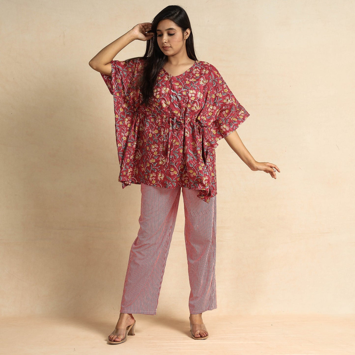 Buy Sanganeri Block Printed Cotton Kaftan & Pyjama Night Suit Set Online at iTokri.com