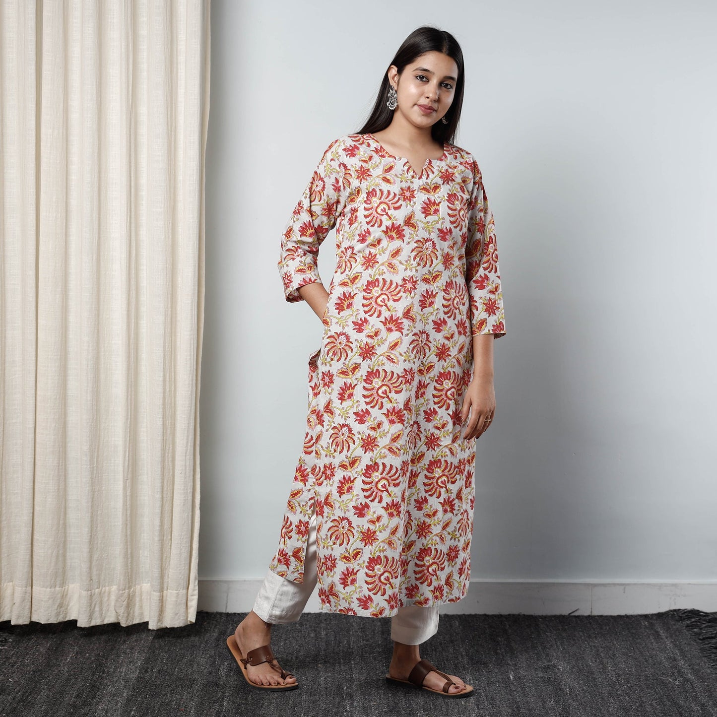  Sanganeri Block Printed Cotton Long Kurta 