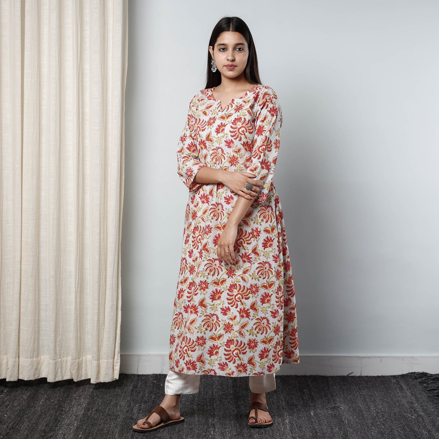  Sanganeri Block Printed Cotton Long Kurta 