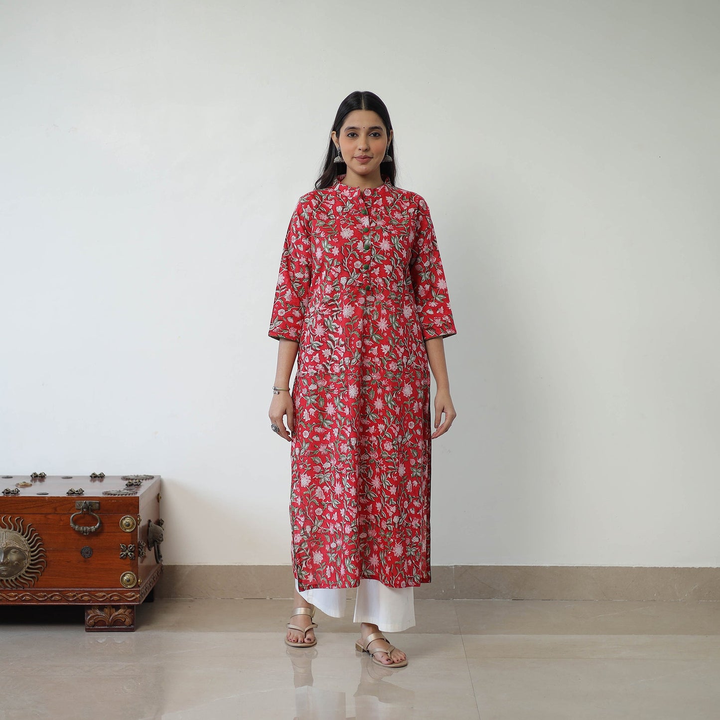 Buy Red Sanganeri Block Printed Cotton Long Straight Kurta for Women