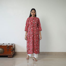 Buy Red Sanganeri Block Printed Cotton Long Straight Kurta for Women