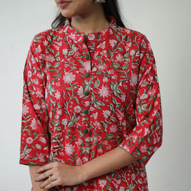 Buy Red Sanganeri Block Printed Cotton Long Straight Kurta for Women