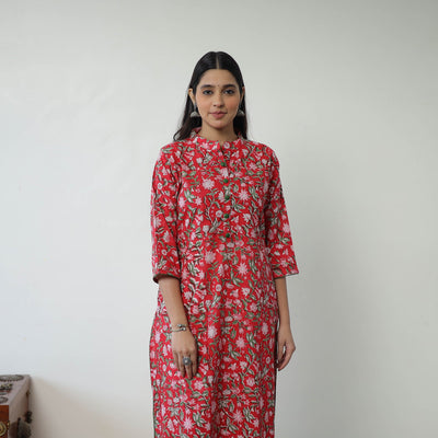Buy Red Sanganeri Block Printed Cotton Long Straight Kurta for Women