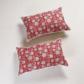  Sanganeri Block Printed Cotton Pillow Cover with Lace (26 x 16 in) - Set of 2 