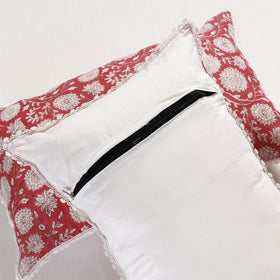  Sanganeri Block Printed Cotton Pillow Cover with Lace (26 x 16 in) - Set of 2 