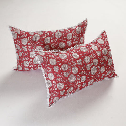  Sanganeri Block Printed Cotton Pillow Cover with Lace (26 x 16 in) - Set of 2 
