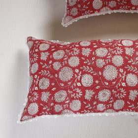  Sanganeri Block Printed Cotton Pillow Cover with Lace (26 x 16 in) - Set of 2 