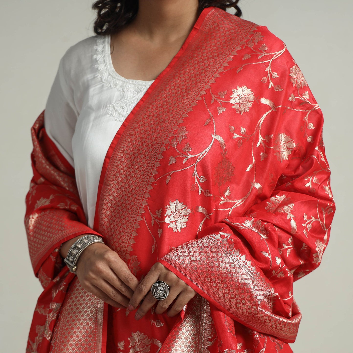  Semi Silk Zari Jaal Banarasi Dupatta 