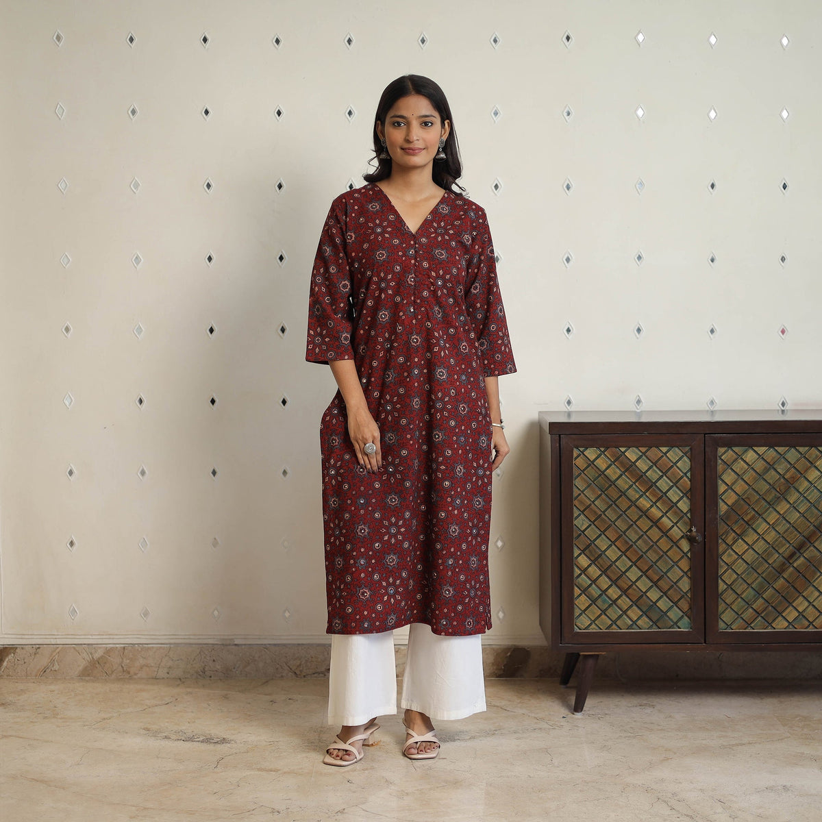 Buy Red Sequins Cotton Straight Ajrakh Print Kurta for Women