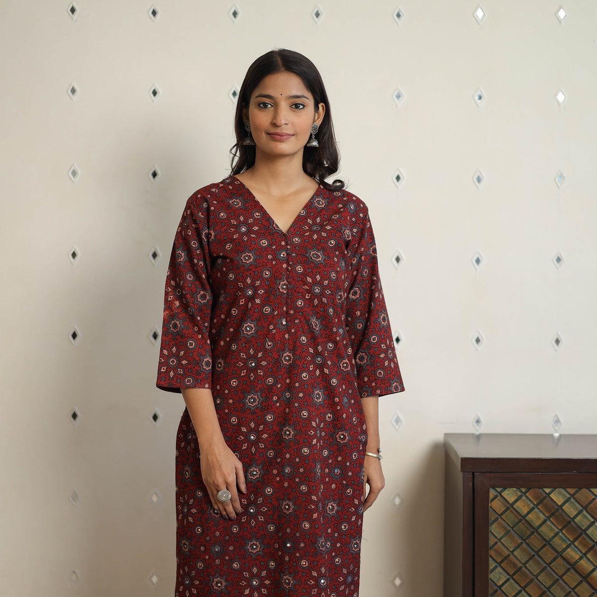 Buy Red Sequins Cotton Straight Ajrakh Print Kurta for Women