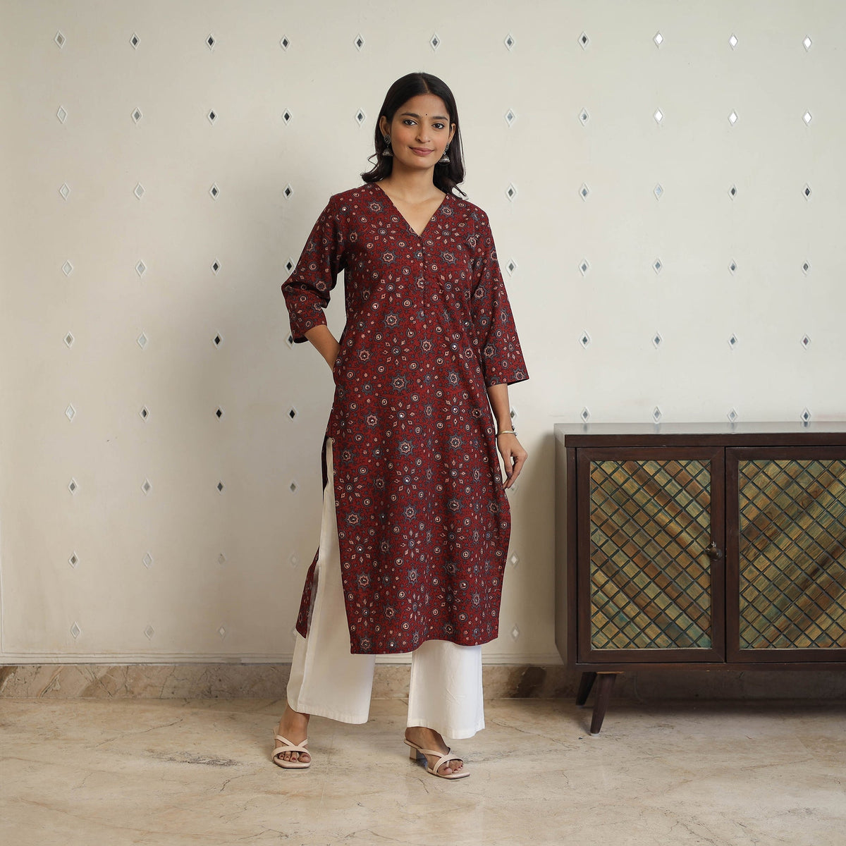 Buy Red Sequins Cotton Straight Ajrakh Print Kurta for Women