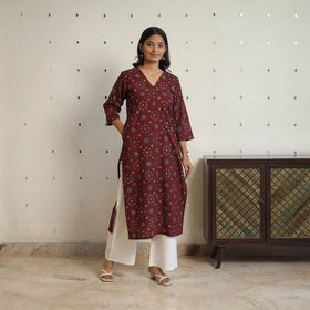 Buy Red Sequins Cotton Straight Ajrakh Print Kurta for Women