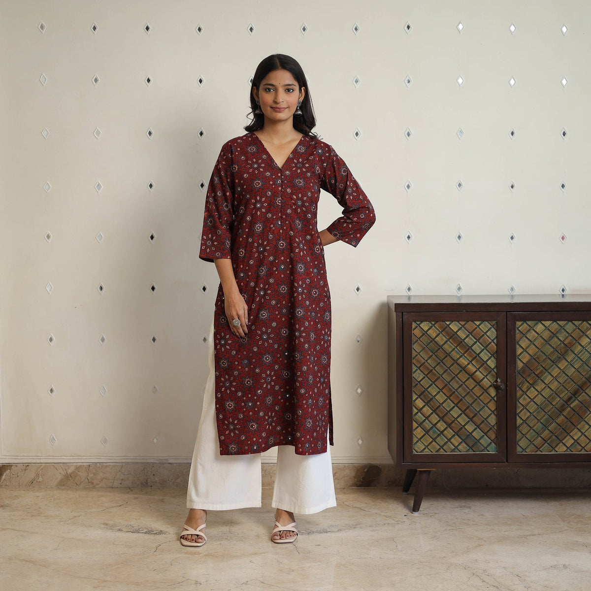 Buy Red Sequins Cotton Straight Ajrakh Print Kurta for Women