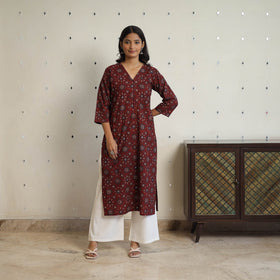 Buy Red Sequins Cotton Straight Ajrakh Print Kurta for Women