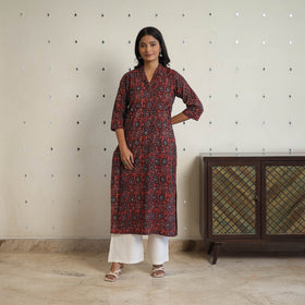 Red Sequins Cotton Straight Ajrakh Print Kurta for Women