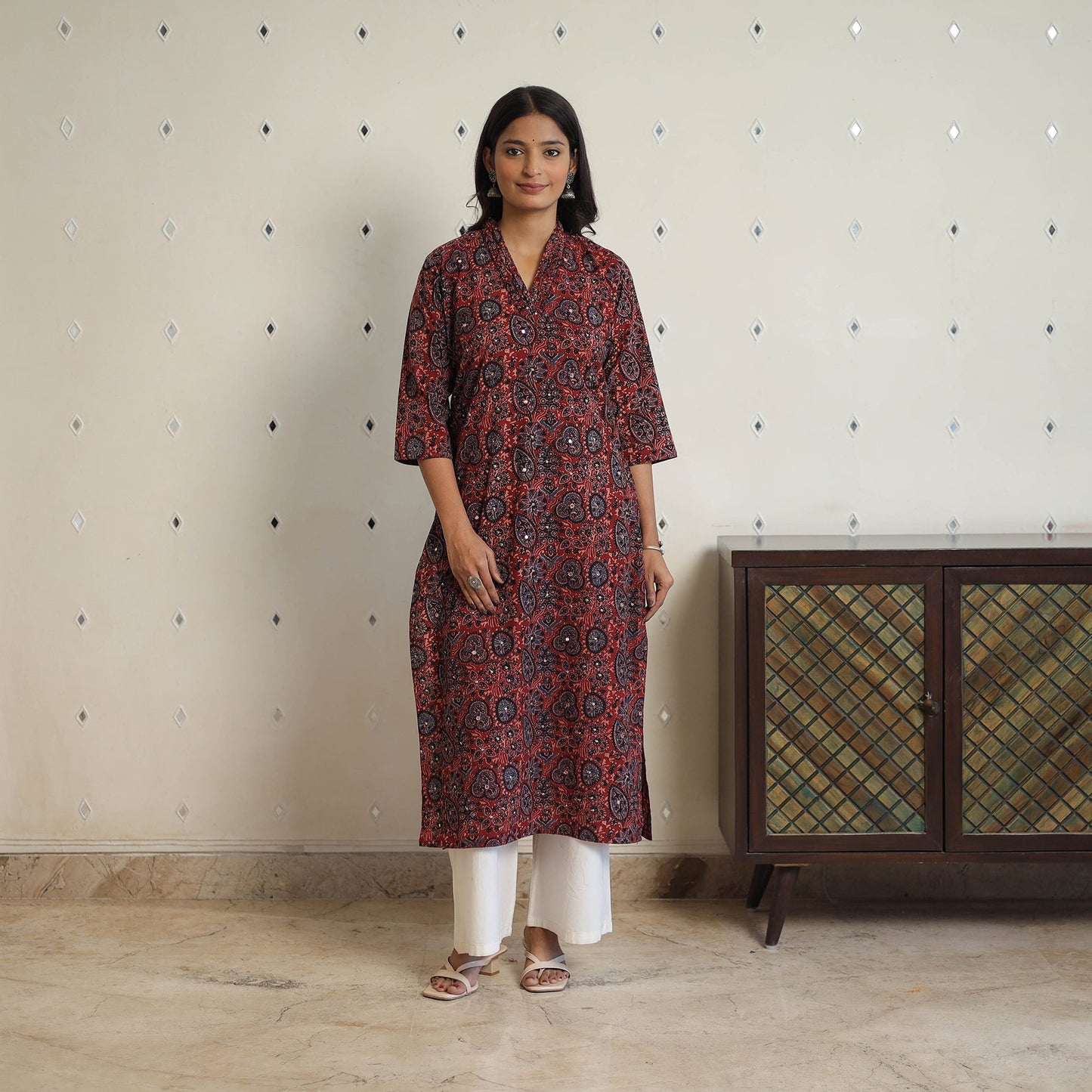 Red Sequins Cotton Straight Ajrakh Print Kurta for Women
