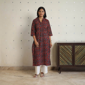  Red Sequins Cotton Straight Ajrakh Print Kurta for Women