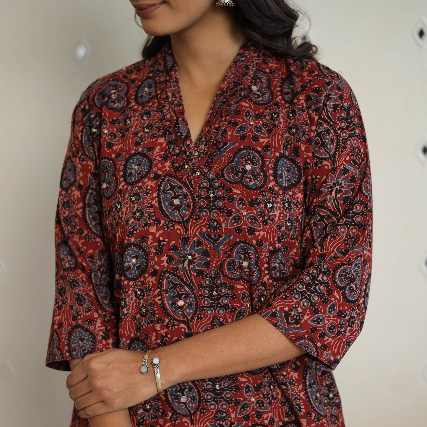  Red Sequins Cotton Straight Ajrakh Print Kurta for Women