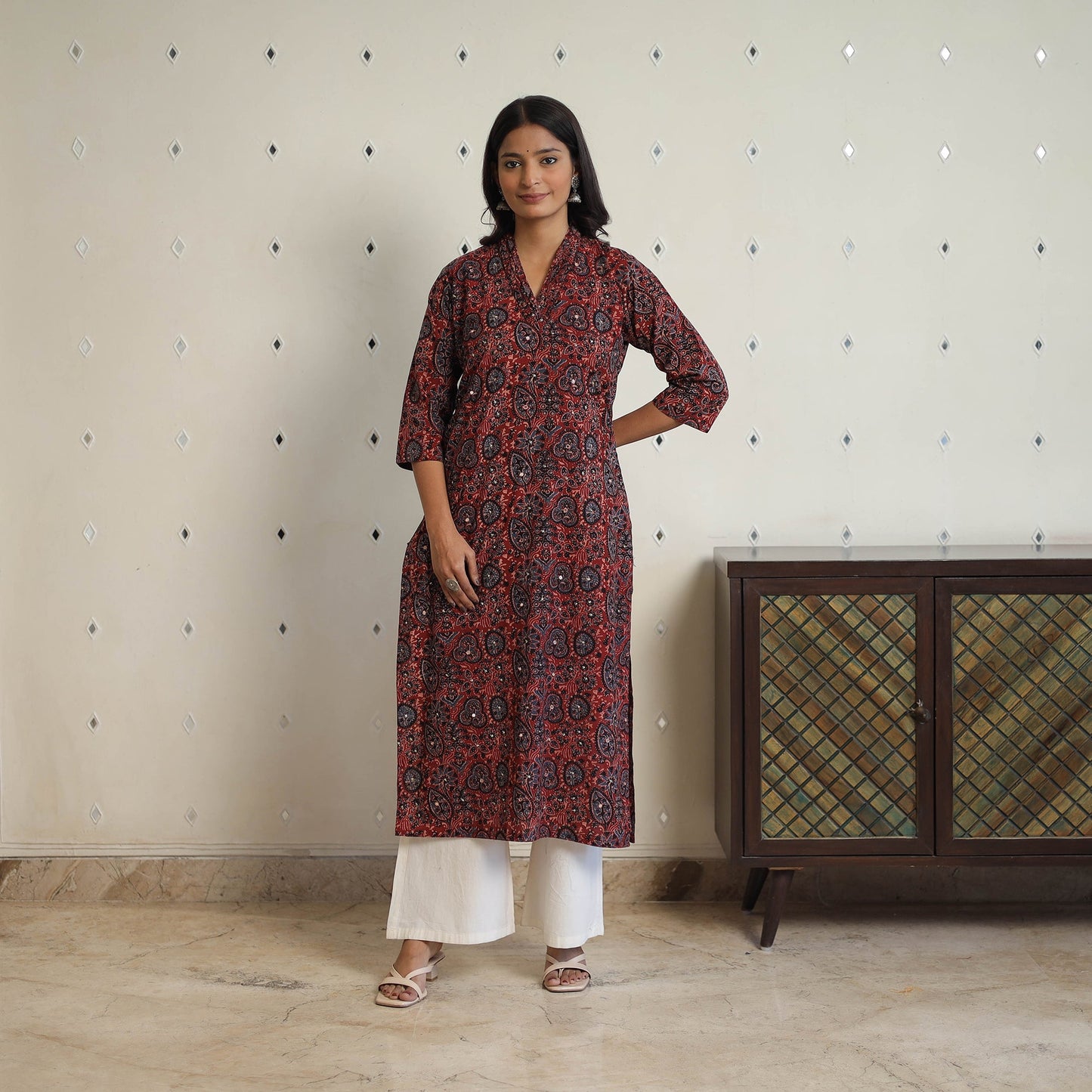  Red Sequins Cotton Straight Ajrakh Print Kurta for Women