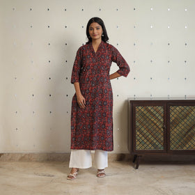  Red Sequins Cotton Straight Ajrakh Print Kurta for Women