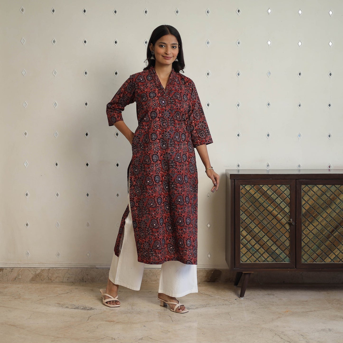  Red Sequins Cotton Straight Ajrakh Print Kurta for Women