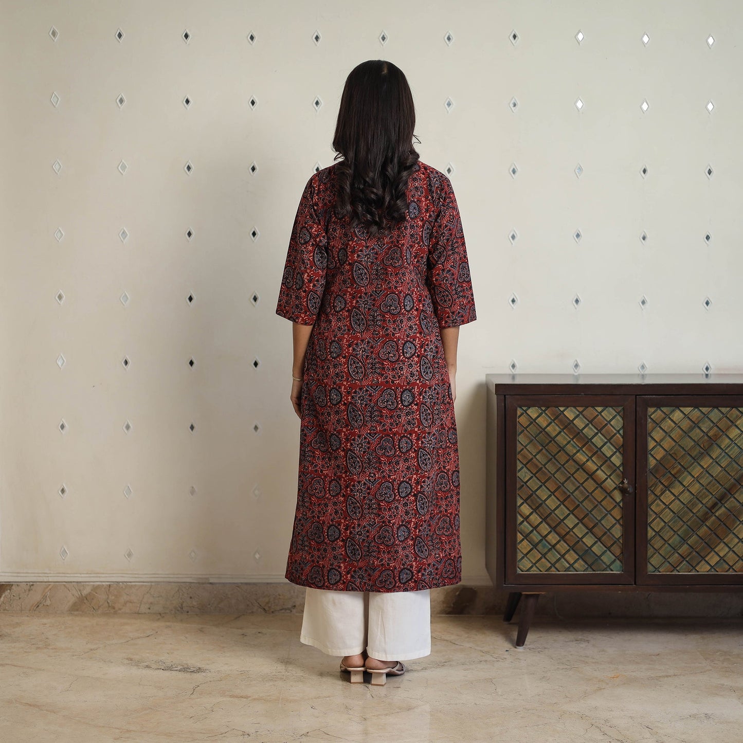  Red Sequins Cotton Straight Ajrakh Print Kurta for Women