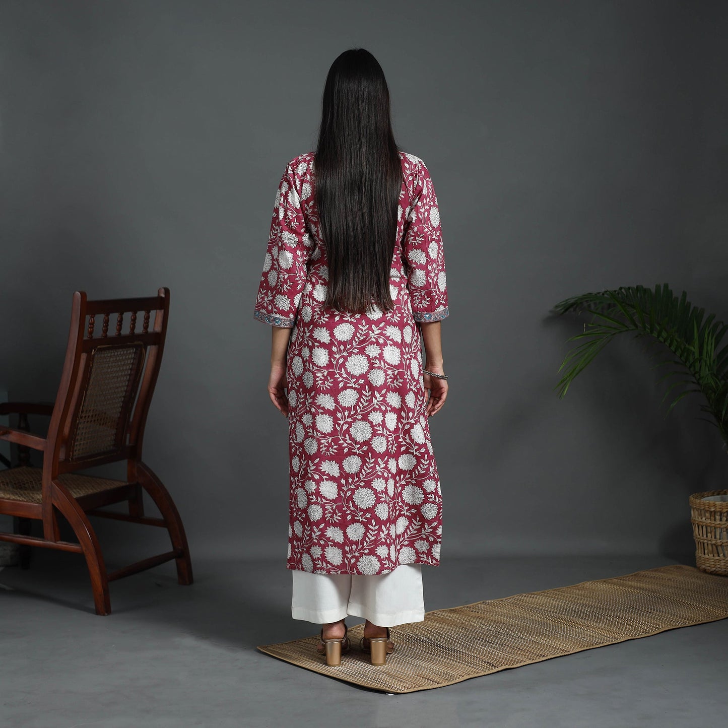 Red Sequins Work Cotton Straight Sanganeri Print Kurta for Women