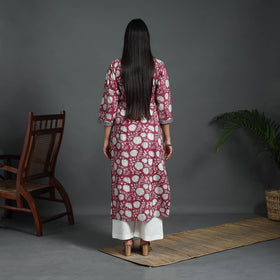 Red Sequins Work Cotton Straight Sanganeri Print Kurta for Women