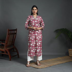 Red Sequins Work Cotton Straight Sanganeri Print Kurta for Women