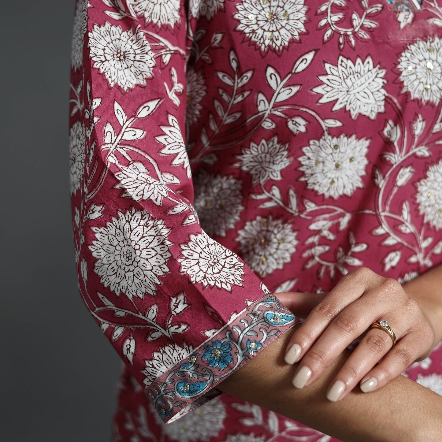 Red Sequins Work Cotton Straight Sanganeri Print Kurta for Women