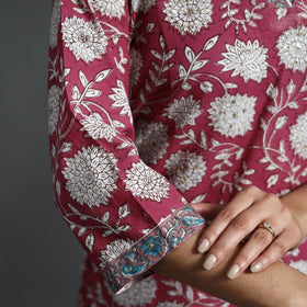 Red Sequins Work Cotton Straight Sanganeri Print Kurta for Women