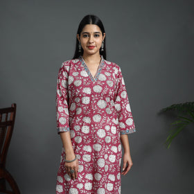 Red Sequins Work Cotton Straight Sanganeri Print Kurta for Women