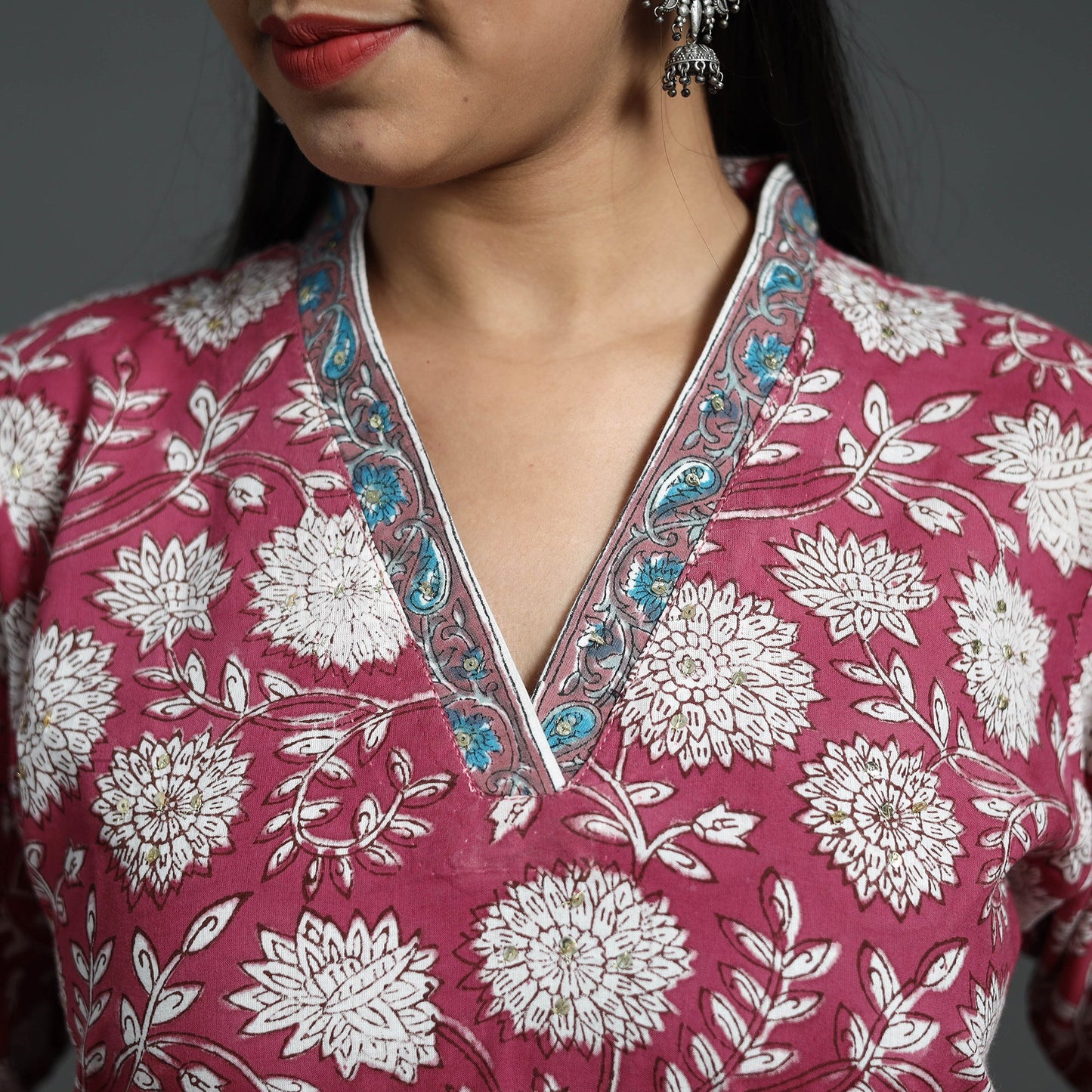 Red Sequins Work Cotton Straight Sanganeri Print Kurta for Women