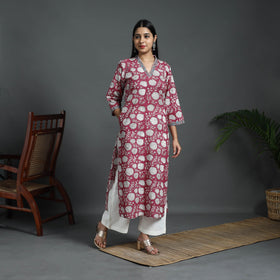 Red Sequins Work Cotton Straight Sanganeri Print Kurta for Women